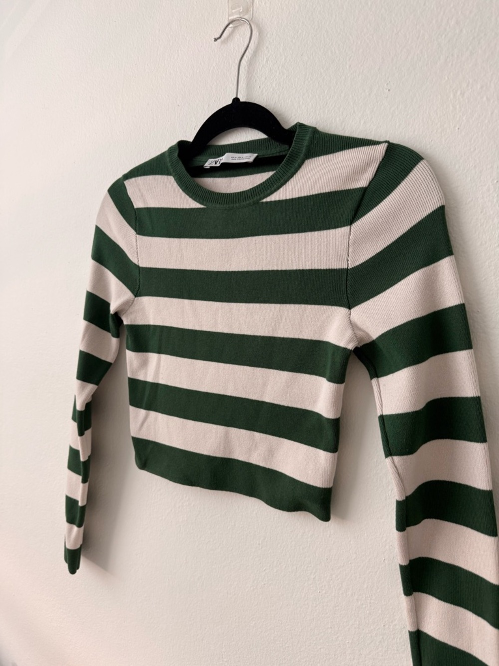 Zara Green & Cream Striped Long-Sleeve Knit Top